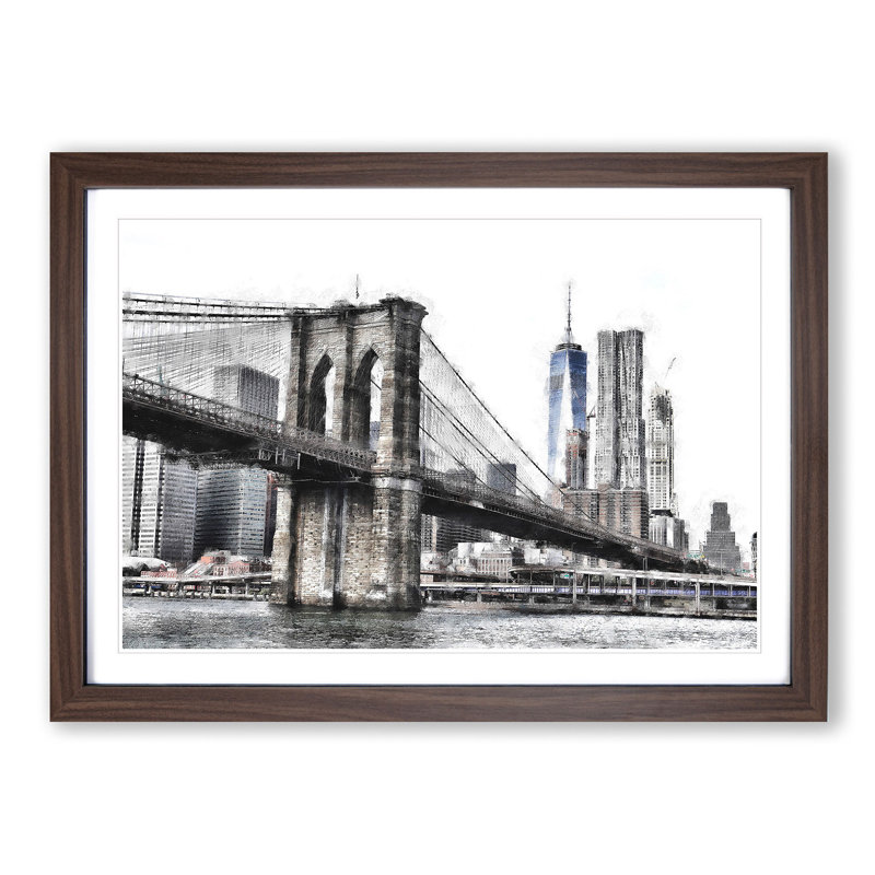 Brooklyn Bridge In New York Painting - Single Picture Frame Print on MDF, 62cm H x 87cm W x 2cm D, Walnut