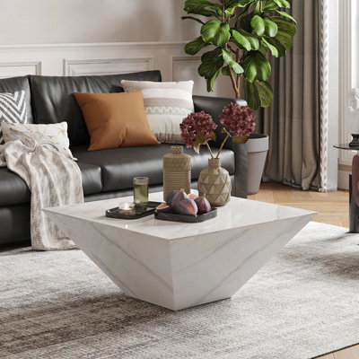 Adea Modern Drum Coffee Table,Trapezoid White Sintered Stone Coffee Table, Fully-Assembled