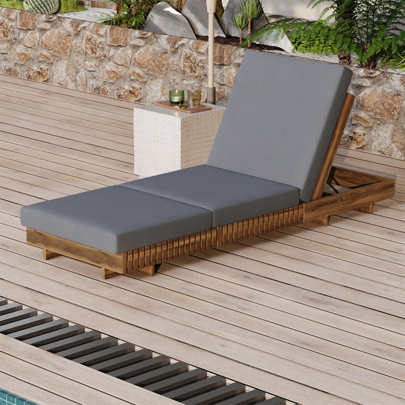 Lounge Chaise Set, Acacia Solid Wood With Lounge Cushion (Dark Grey + Triple Folds) - Matching Cream Version Available, Gray