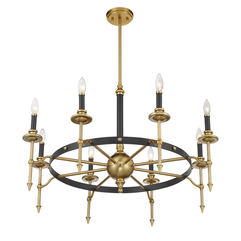  Lustre à 8 lumières Consulation en noir mat et laiton chaud, H 22 po x l 34 po x P 34 po, 8 lumières