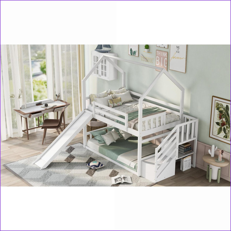 Twin/Twin Solid Pine Wood Bunk Bed with Convertible Slide &amp; Storage Staircase, White - No Box Spring Needed