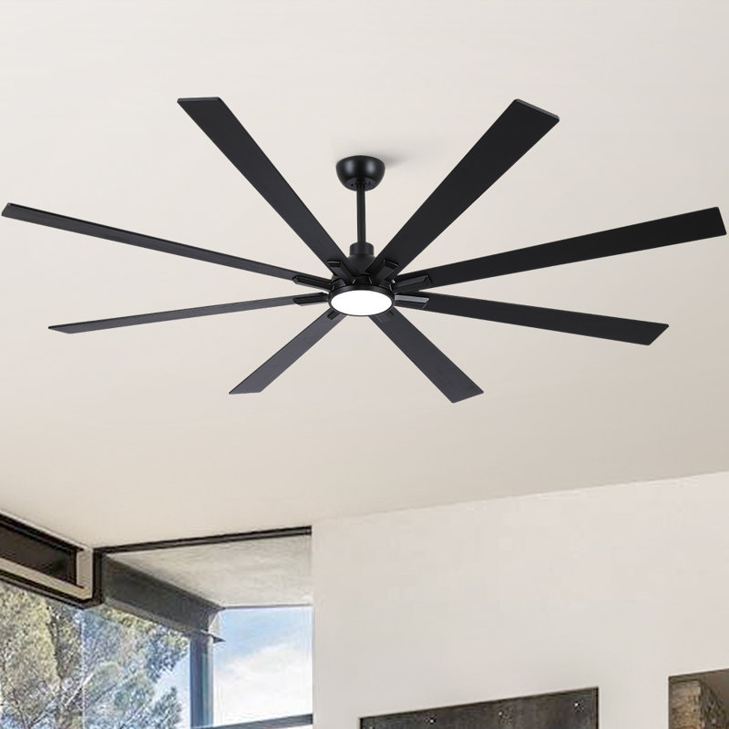 Modern 84" Indoor Windmill Matte Black Ceiling Fan With LED Lights, Remote Control and 8 Wood Blades, Black, 84" Wide