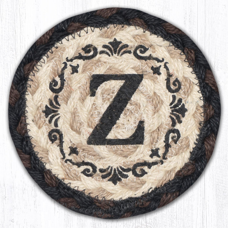  Monogramme tressé en Z, imprimé coaster en jute rustique style campagne, H 5 po pocheté à la main, conception personnalisée