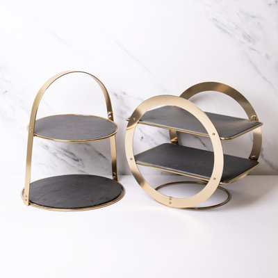 Artesà 2-Piece Brass and Slate Serving Stands Set