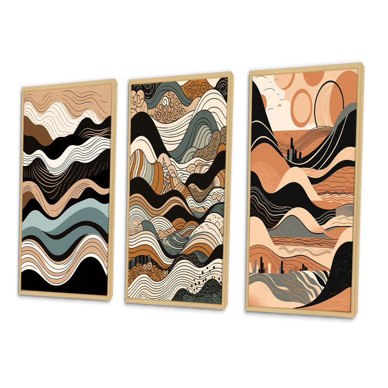 «Teal Black Line Art Elegance», 3 pièces, Cadre naturel flottant, H 32 po x l 48 po