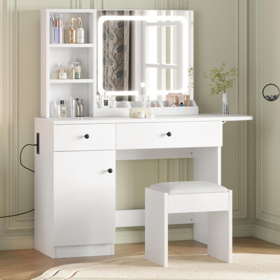 Vanity Desk with LED Lighted Mirror & Power Outlet, Makeup Vanity with Drawers & Cabinet & Chair, Vanity Table Set for Bedroom