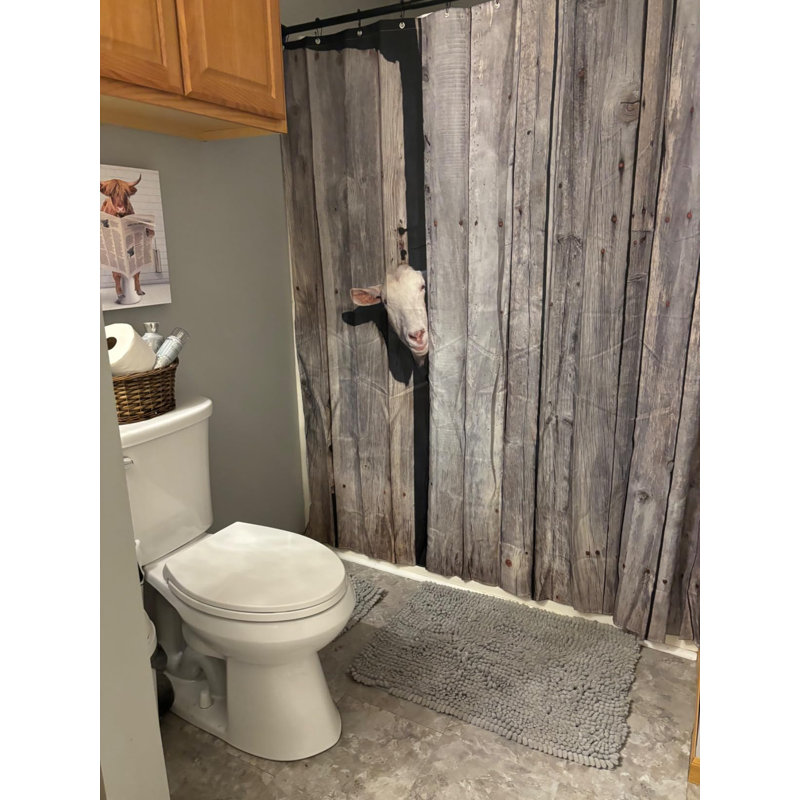 1PC Goat and Gray Rustic Wooden Board Waterproof Shower Curtain with 12 Hooks, 152.4cm H x 198.12cm W
