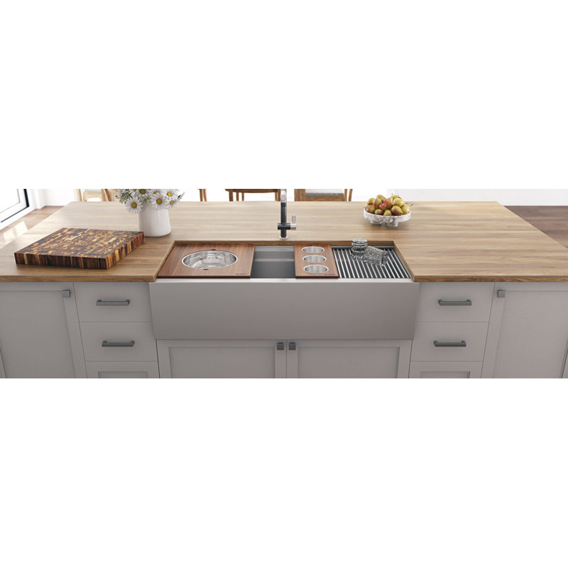 Roma Ledge 45" L x 19" W Undermount Kitchen Sink with Basket Strainer, Brushed Stainless Steel, 2