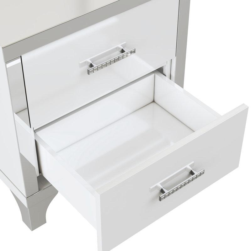 Table de chevet pour chambre à coucher à 2 tiroirs, blanc brillant, avec poignée en métal, avec tiroirs et poignées, pour le salon aussi