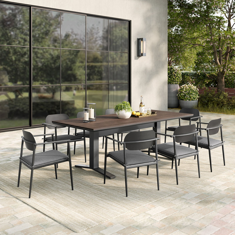 Aeris 9-Piece Outdoor Patio Aluminum Dining Set, Walnut/Black