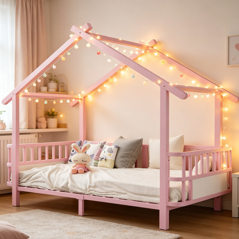 European Single (90 x 200 cm) House Bed, Pink