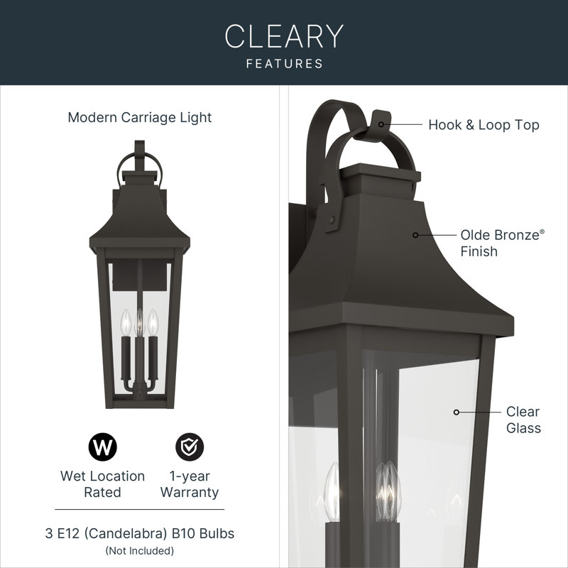 Cleary 30" 3-Light Outdoor Wall Light with Clear Glass in Olde Bronze, 30" H x 10.5" W x 11.5" D, Bronze