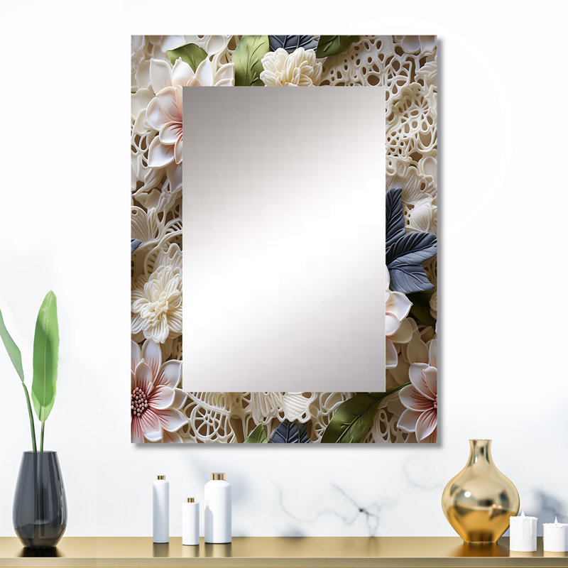Tadisa White Vintage Floral Lace Veil - Floral Wall Mirror, Floral Decorative Mirror, Printed Metal Art, 32" x 24"
