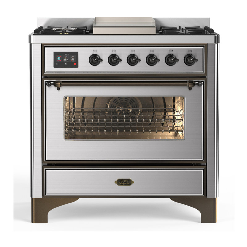 Majestic III Series 36 Inch Dual Fuel Range with 6 Sealed Burners, Griddle, in Glossy Black (Natural Gas, Brass Trim)
