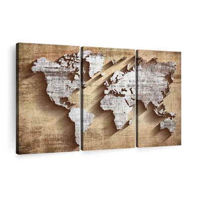 " Carved Wood World Map " 3 - Pieces