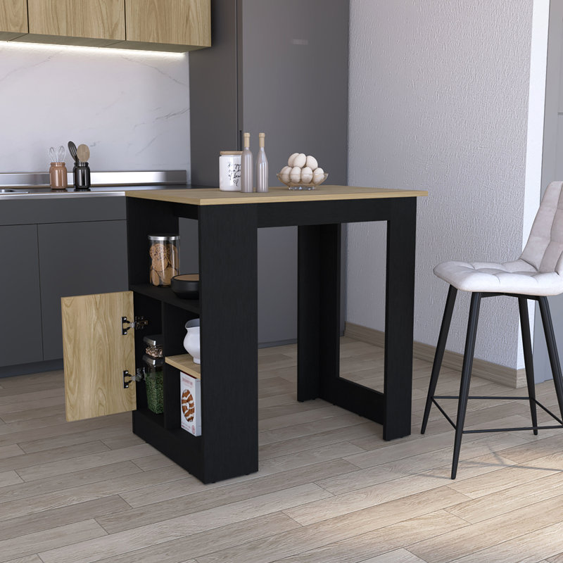 1-Door Cabinet Kitchen Island In Black/Natural Oak With Side Shelf Space Black And Natural Look