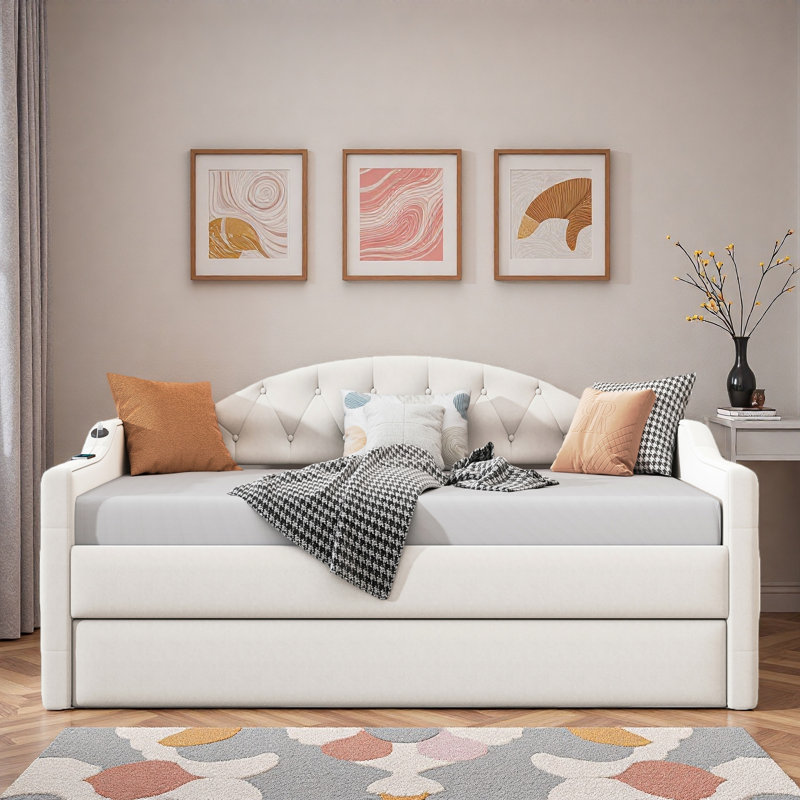 Upholstered Daybed With Trundle, Charging Station And Button Tufted Design, Beige