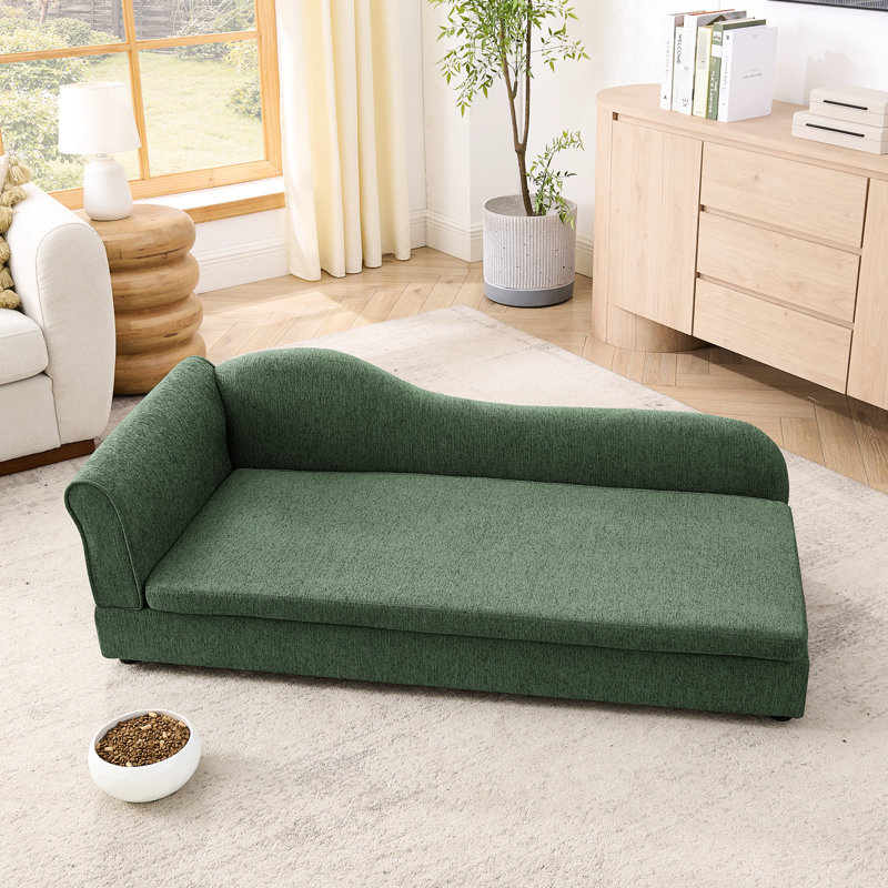 Chien moyen et grand - Vague irrégulière, accoudoir simple, coussin en lin, pieds en plastique bas, olive, tissu attrayant pour chien moderne, doux