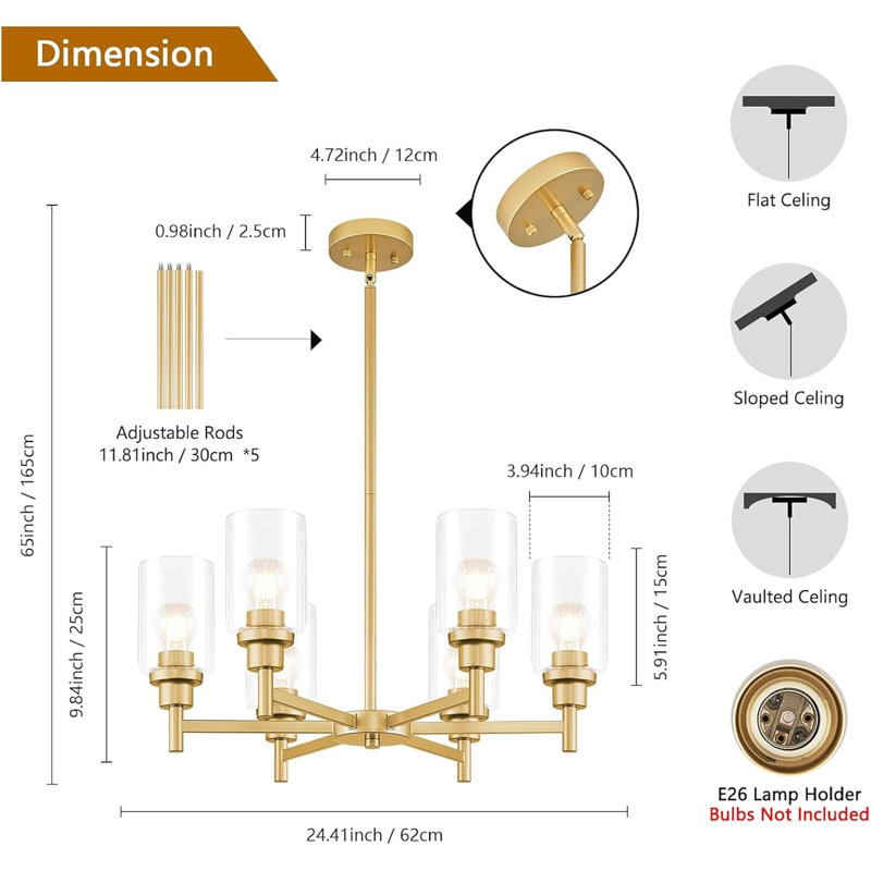 Lustre moderne 6 lumières avec abat-jour en verre transparent, luminaire suspendu réglable pour salle à manger, salon, cuisine, vestibule et escalier, à intensité variable avec culot E26