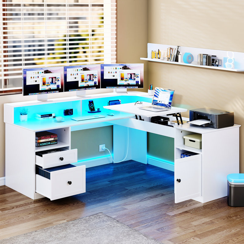 Wade Logan 59'' L-Shaped Adjustable Lift Top Desk with LED Lights & Power Outlets, White