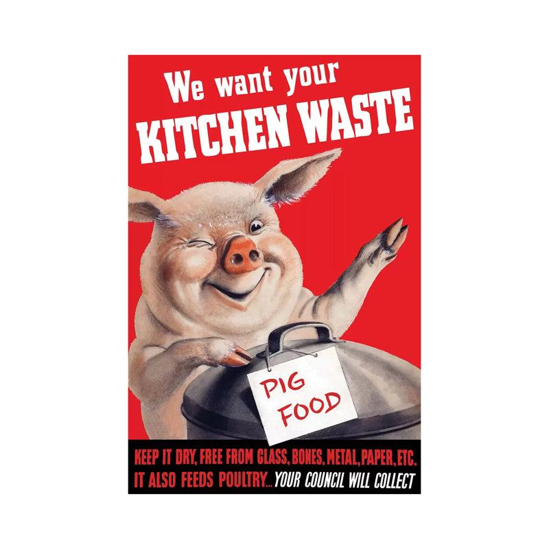 Vintage WWII Poster Featuring A Pig Standing With A Garbage Can - Wrapped Canvas Print, 20.32 cm H x 30.48 cm W