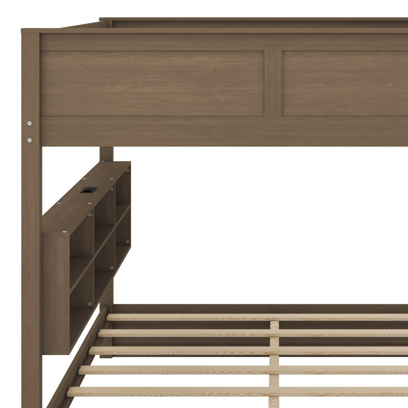 Queen Over Queen Bunk Bed With Storage Cabinets And USB Ports, Antique Wood