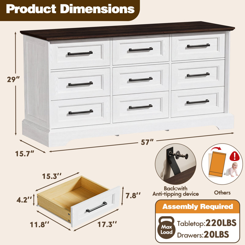 Commode de rangement à 9 tiroirs, commode en bois avec tiroirs coulissants silencieux, ancrage mural anti-basculement, armoire de rangement pour vêtements de grande capacité pour la chambre à coucher