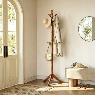 Rubberwood Freestanding 10 - Hook Coat Rack