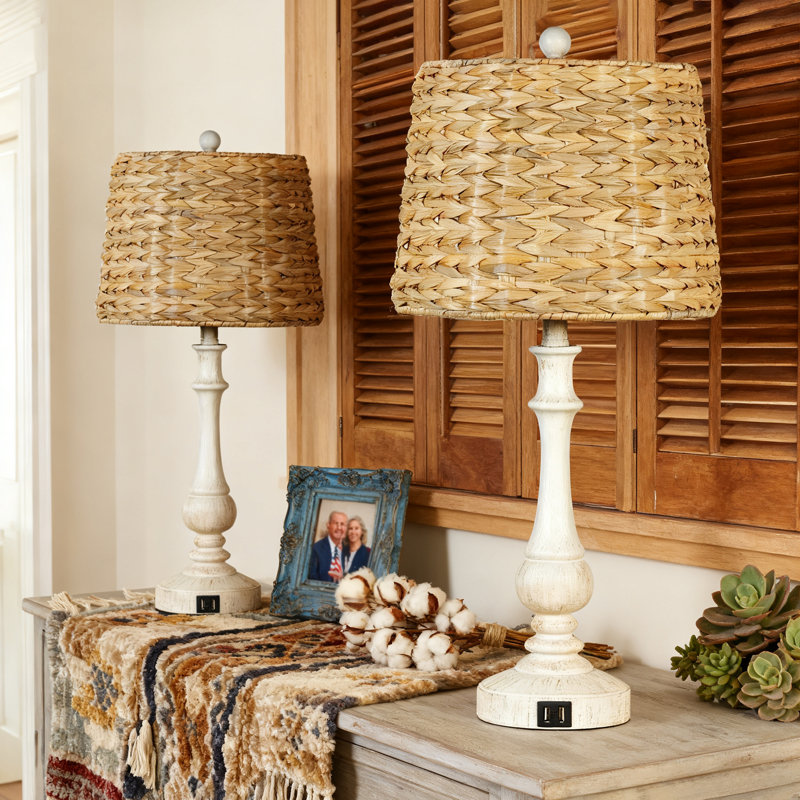 28" Coastal Farmhouse Buffet Table Lamps with Dual USB Charging Ports, Handwoven Seagrass Shades & Whitewashed Bases, for Living Room & Bedroom