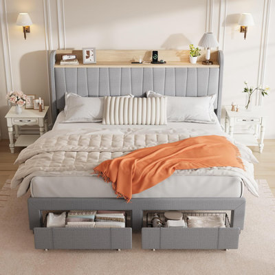 King Size Upholstered Bed Frame with Storage Headboard and Charging Station, Platform Bed Frame with 2-Drawers, Heavy Duty, No Box Spring Needed, Easy Assembly, Gray