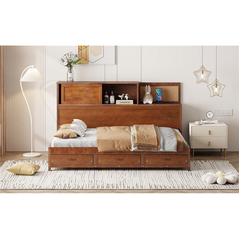 Wooden Daybed With 3 Storage Drawers,Upper Soft Board,Shelf,And A Set Of Sockets And USB Ports, Walnut, Full