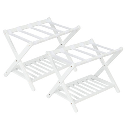 2-Piece Folding Bamboo Luggage Rack Set with Storage Shelf, 5 Straps, Suitcase Stand for Bedroom Guest Room Hotel