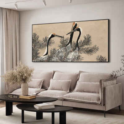 Art mural grues à couronne rouge et pin, œuvre d'art oriental traditionnel pour la chambre à coucher, très grand art mural encadré (assemblage requis)