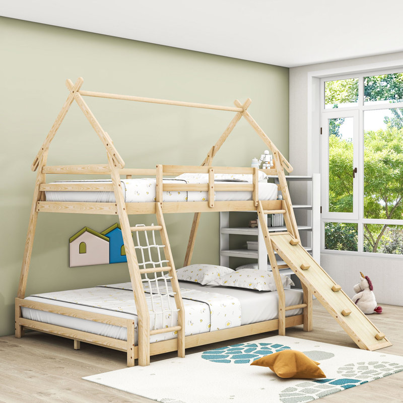Twin Over Queen Wood House Bunk Bed With Climbing Nets And Ramp,Guardrails, Natural