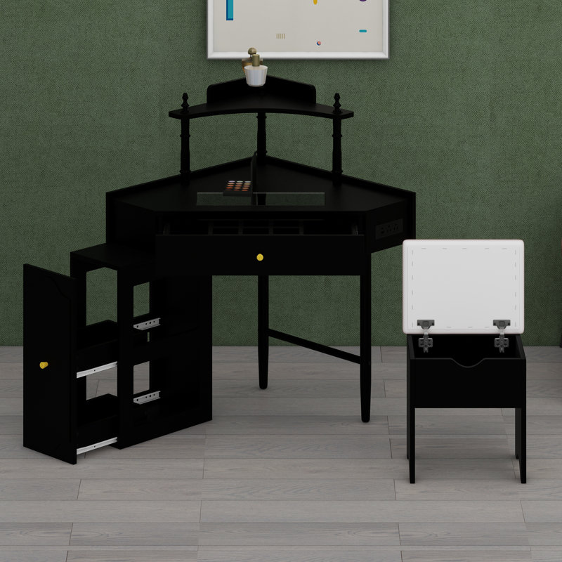 Bureau de maquillage triangulaire avec multiprise, tiroir de rangement et tabouret assorti