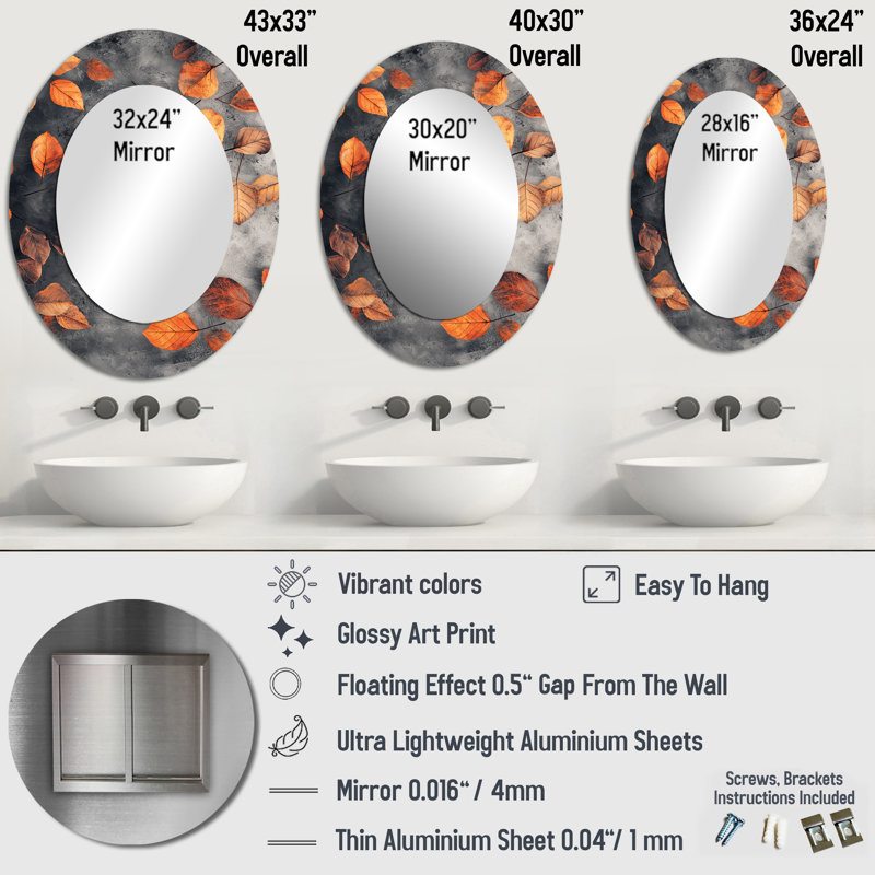 Orange Autumn Leaves I - Tropical Oval Wall Mirror, 36" x 24"