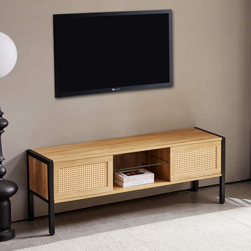 Rattan Tv Cabinet With Variable Color Light Strip, Double Sliding Doors, Tv Console, Black
