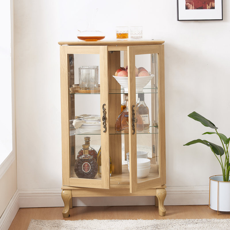 American Retro Style Glass Curio Cabinet With Curved Legs, Large Drawers, And Metal Handles For Timeless Display And Ample Storage