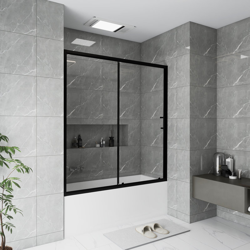 60.In W X 62.In H Bathtub Shower Screen | Single Sliding | 1/5 Inch Thick Transparent Tempered Glass | With Stainless Steel Handle | Black