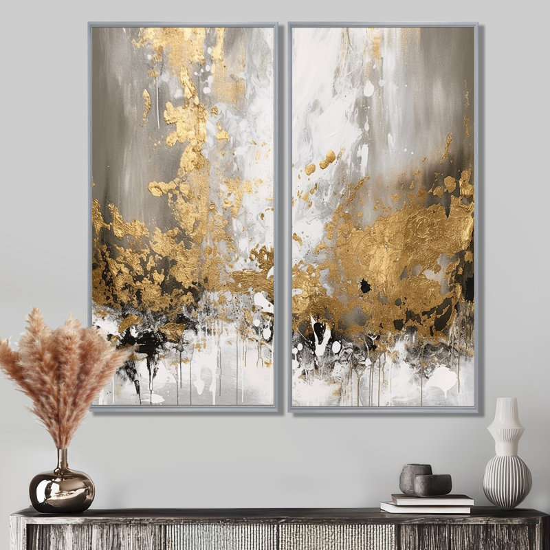 Or et blanc abstrait - art mural abstrait, 32" H x 32" W, Silver, Impression encadrée flottante