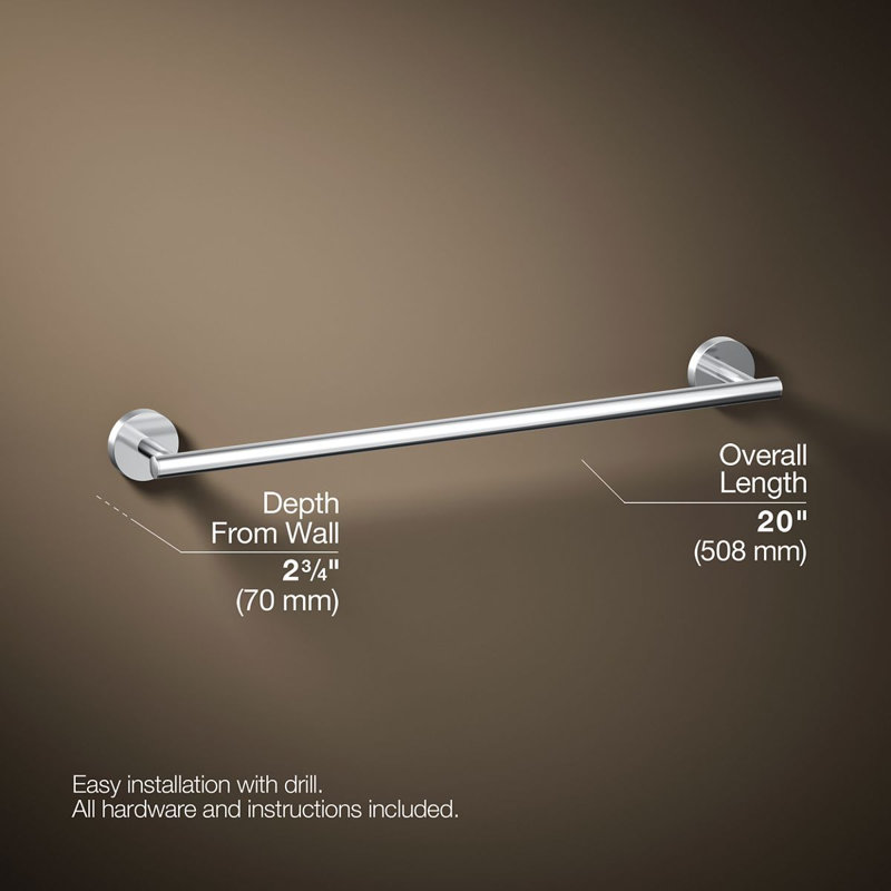 Porte-serviettes mural, Chrome poli, H 2 po x l 18 po x P 2,75 po
