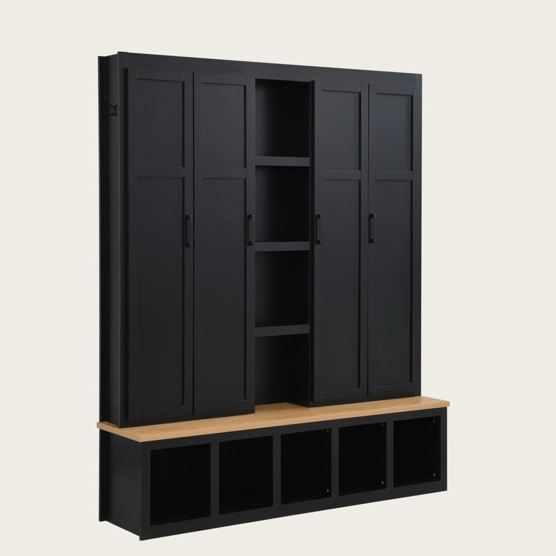 62.9” W Farmhouse 4-in-1 Hall Tree with 6 Hanging Hooks, Mudroom Wood Grain Bench with Open Compartments – Entryway Shoe Cabinet with Seating Bench for Living Room, Hallway, Large Capacity Farmhouse Organizer, Anti-Tipping