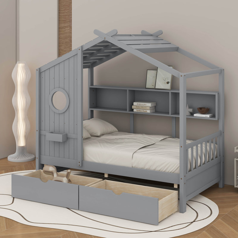 Lit en bois avec tablette de rangement et tiroirs, Gris, Lit simple