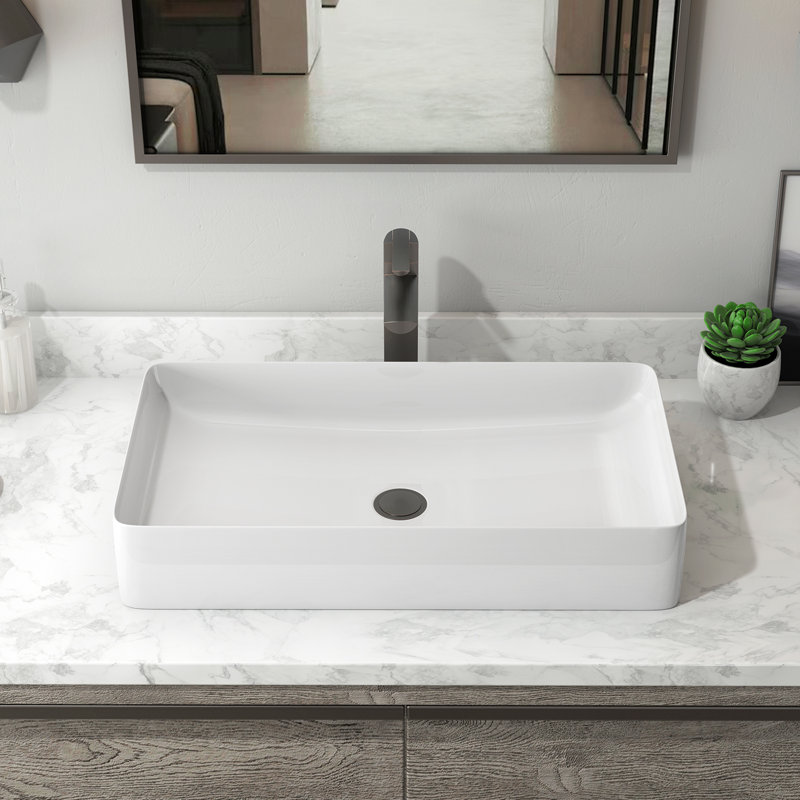 Sinber 24" x 14" x 4.3" White Rectangular Ceramic Countertop Bathroom Vanity Vessel Sink