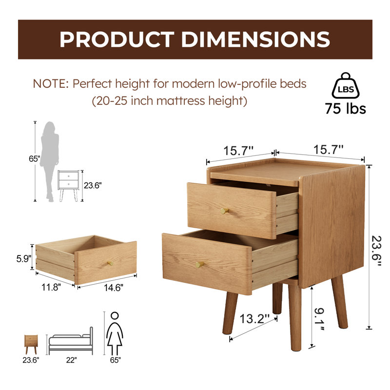 Solid Wood Mid‑Century Modern 2‑Drawer Bedroom Nightstand, Tan, 23.62" H