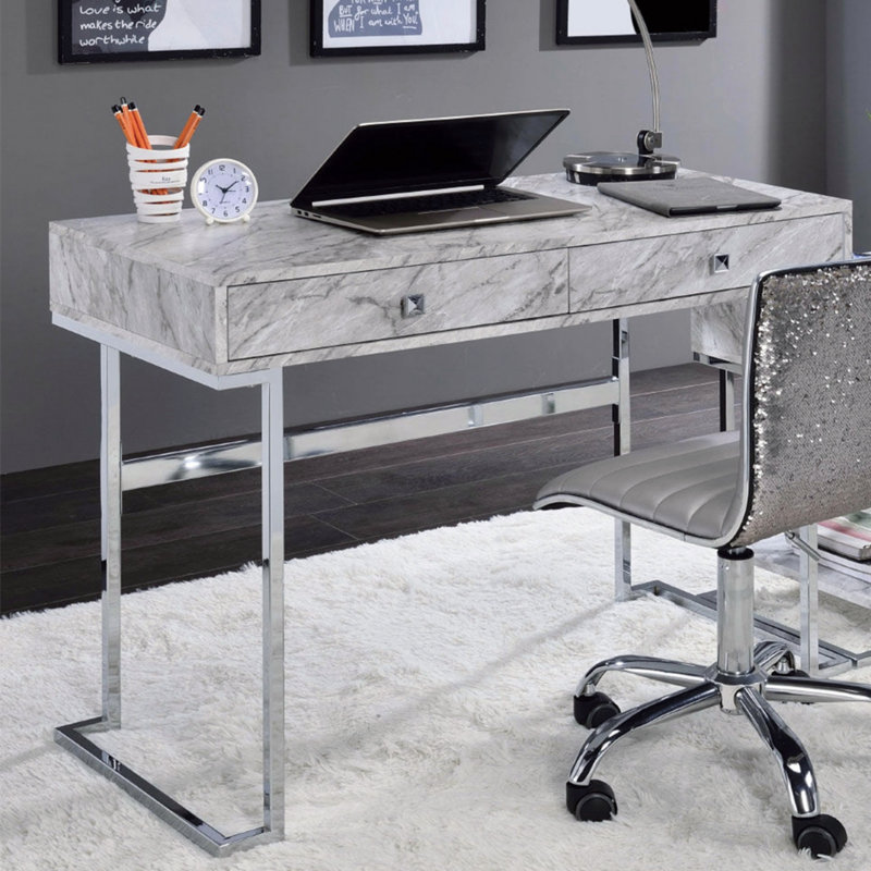 Bureau d'écriture rectangulaire avec 2 tiroirs, plateau en pierre reconstituée et chrome