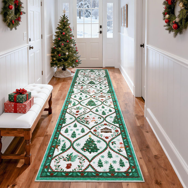 2x6ft Washable Christmas Area Rug Non Slip Decorative Xmas Holiday Carpet with Santa & Reindeer Print Soft Non Shedding