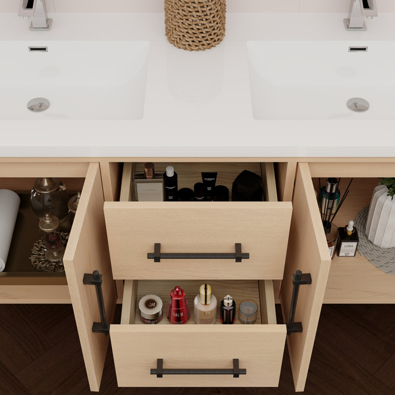 Meuble-lavabo mural 60 po avec double évier en acrylique renforcé Victoria, Chêne jaune
