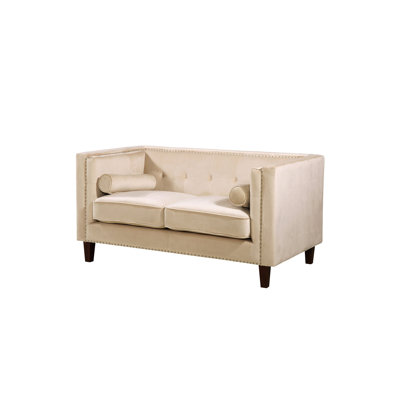Causeuse Chesterfield capitonnée à boutons, canapé moderne en velours à accoudoirs carrés avec garniture cloutée, canapé rembourré à 2 places avec cadre en bois massif et coussins de salon