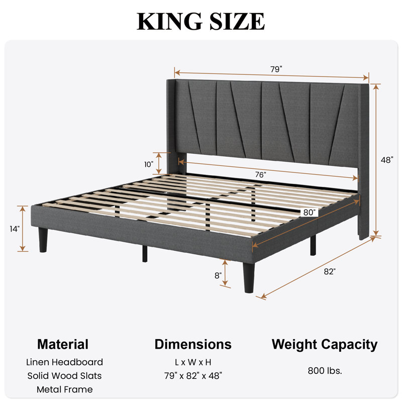 Canuto Upholstered Platform Bed with Wingback Headboard, King, Dark Gray